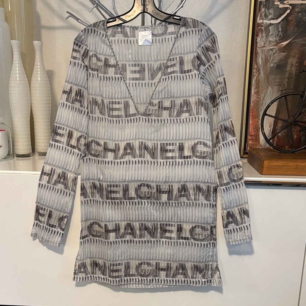 CHANEL Spring 2000 Mesh Logo Tunic Top Vintage Karl Lagerfeld